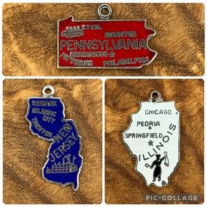 Vntg souvenir State charms | PA NJ IL | charm bracelet | silver/enameled CLRBX